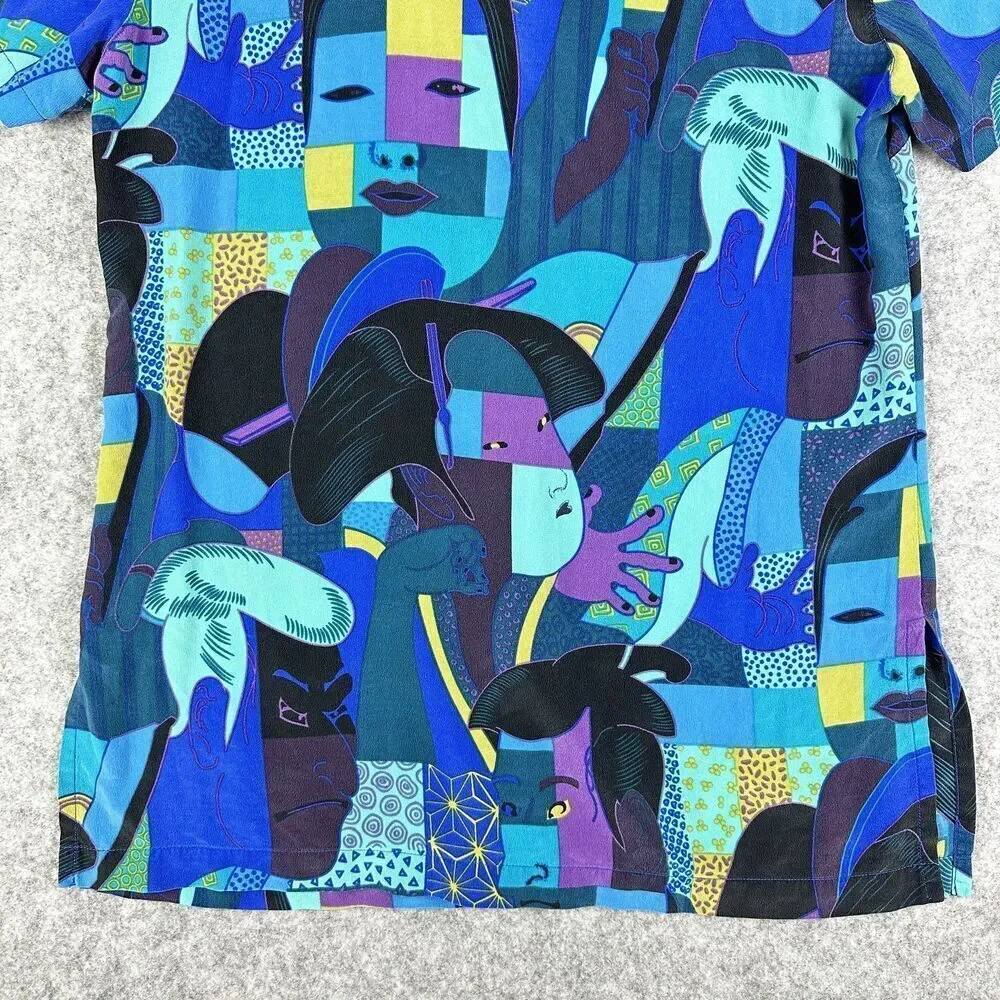 Chicos Silk Top Womens S Silk Abstract Geisha Asian Artsy Print Button Up Shirt